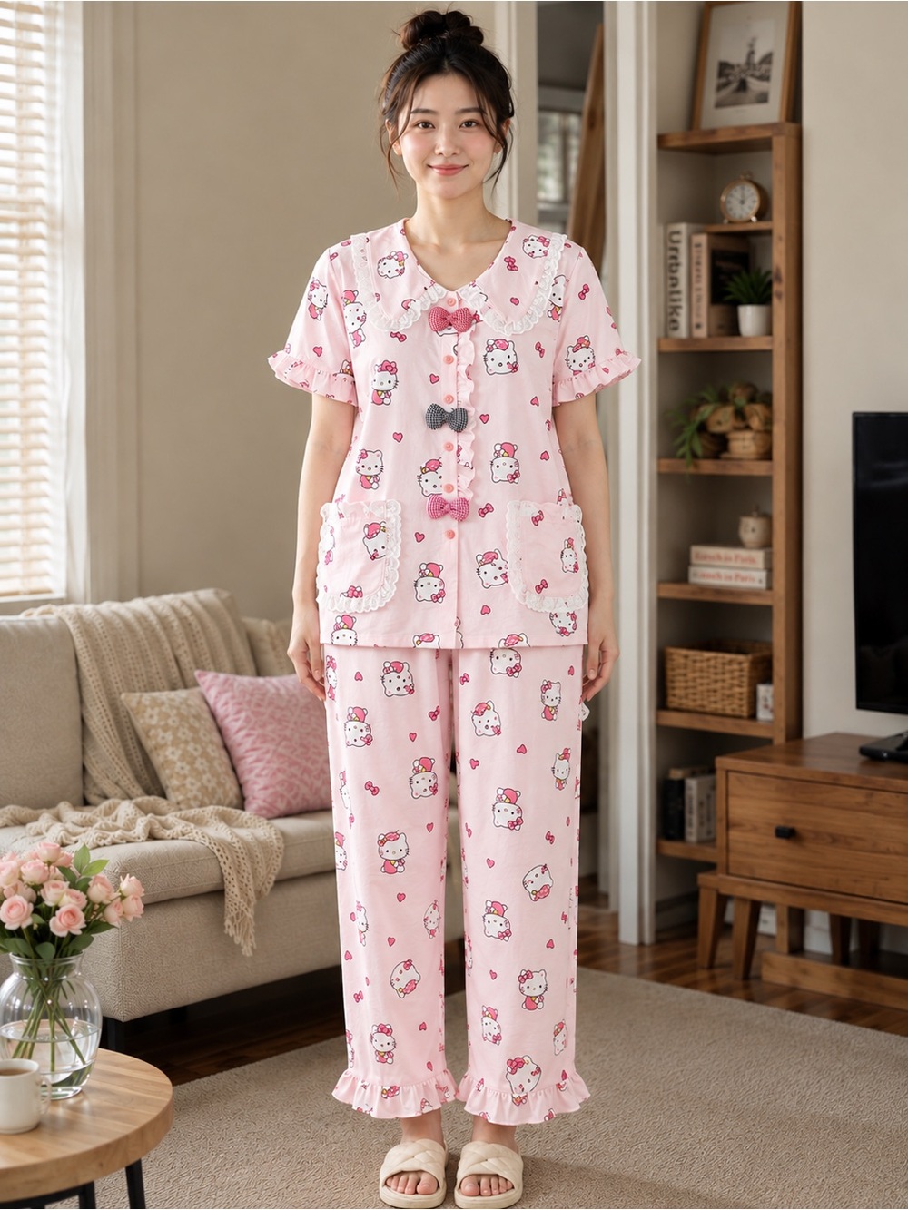 Pink Hello Kitty Print Women's Pajama Set with Lace Trim